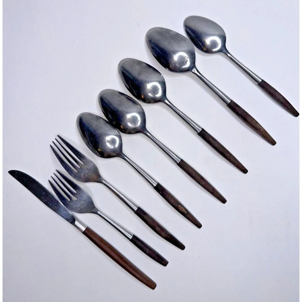 Interpur Canoe Wood handle Etched MCM Stainless Flatware 8 PC Fork Spoon Knife‎